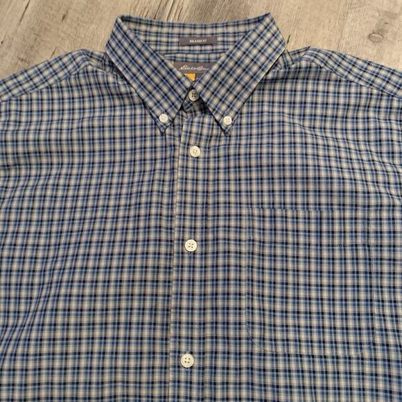 Eddie Bauer Travex Shirt Mens Large Relaxed Fit Blue Plaid Button Up Long Sleeve - Picture 1 of 6